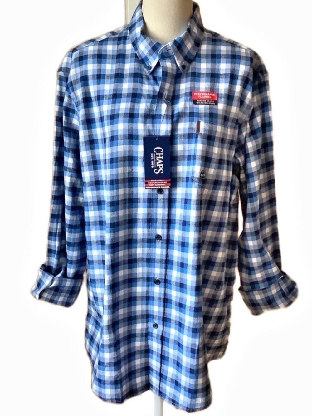 CHAPS NWT Blue White Plaid Flannel Button Down Shirt Men's Size XL